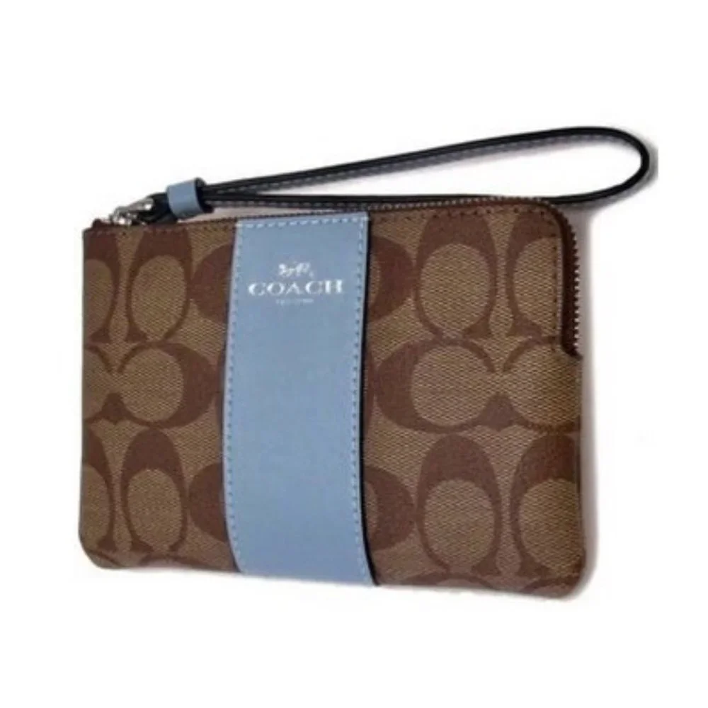 Corner Zip Wristlet In Signature Canvas Khaki / Marble Blue